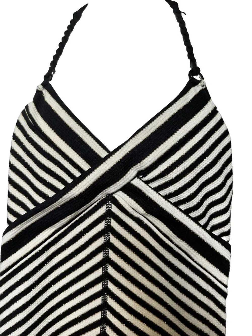 Robin Piccone Black, Ivory & Gold Striped V-Neck One-Piece Swimsuit